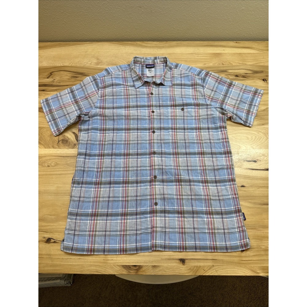 Patagonia Shirt Mens XL Blue Plaid Short Sleeve Button Front Organic Cotton